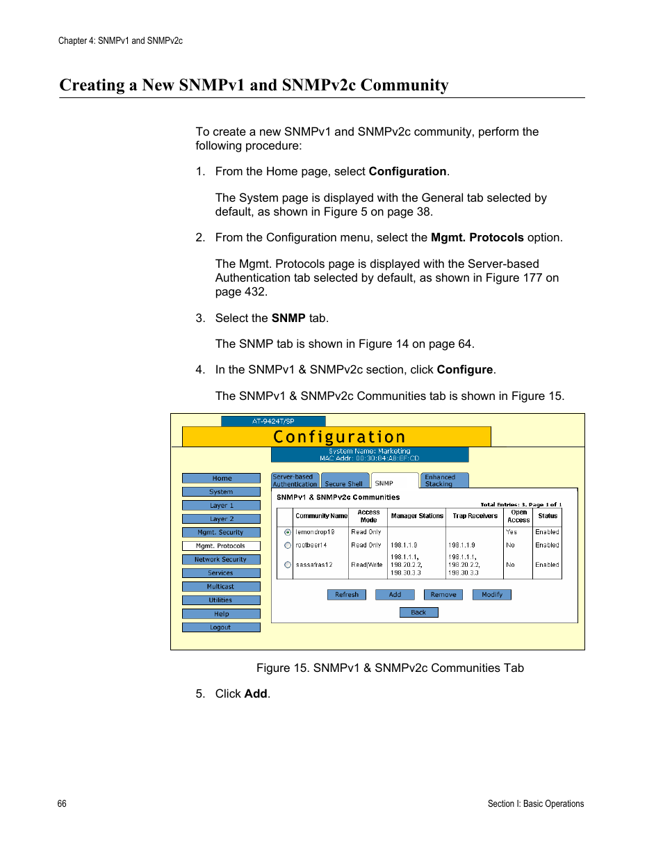 Creating a new snmpv1 and snmpv2c community, Figure 15: snmpv1 & snmpv2c communities tab | Allied Telesis AT-S63 User Manual | Page 66 / 456