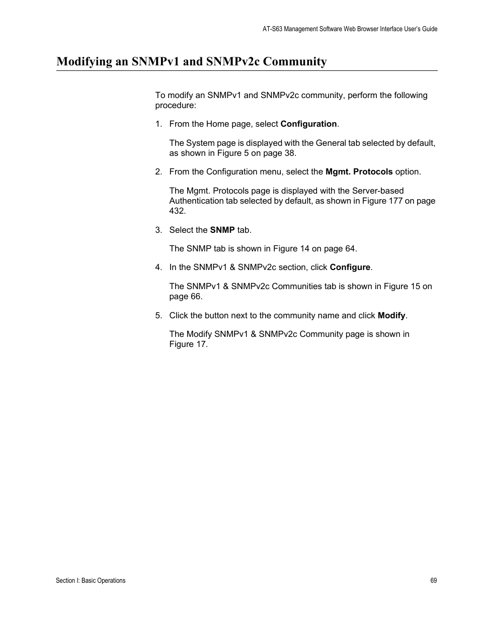 Modifying an snmpv1 and snmpv2c community | Allied Telesis AT-S63 User Manual | Page 69 / 456
