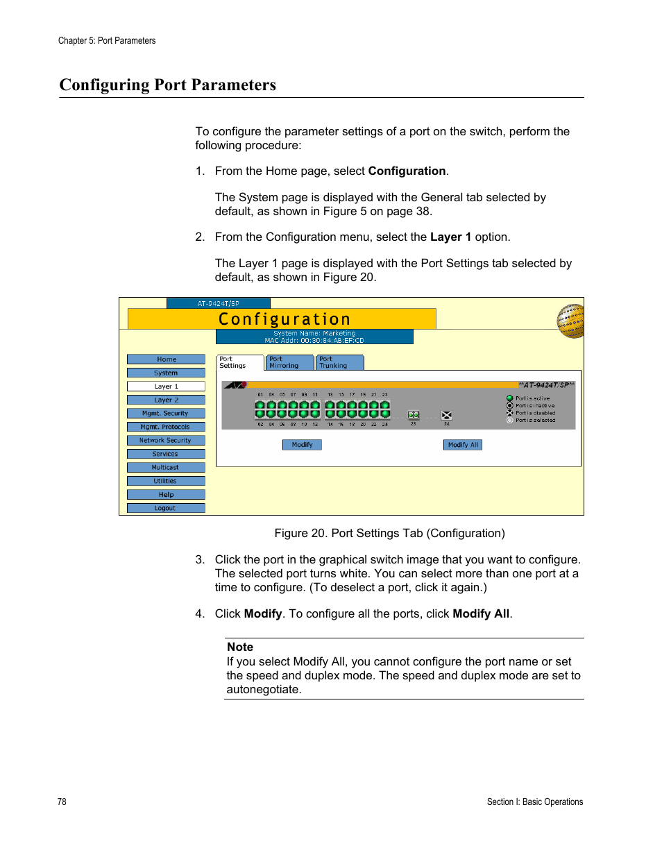 Configuring port parameters, Figure 20: port settings tab (configuration) | Allied Telesis AT-S63 User Manual | Page 78 / 456