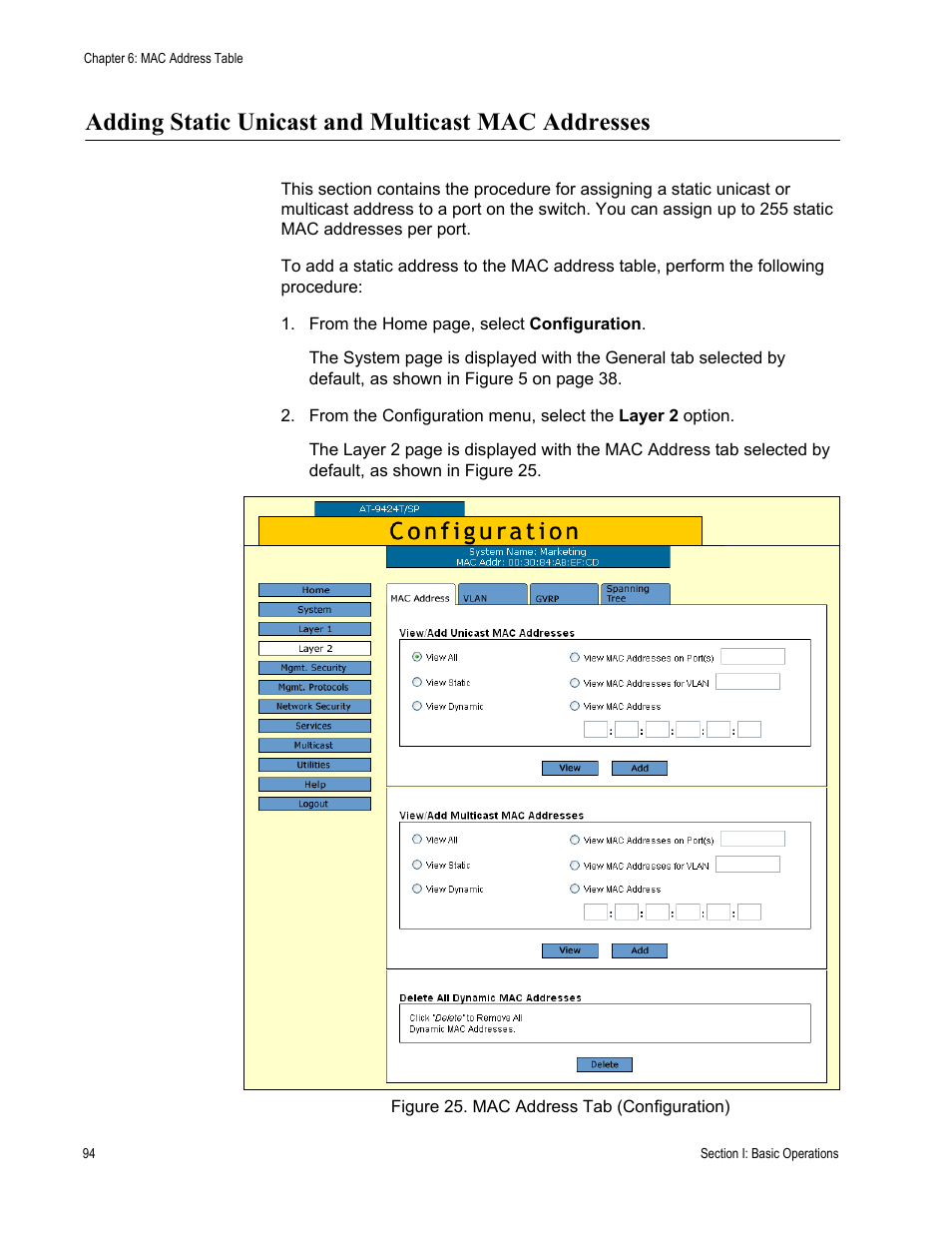 Adding static unicast and multicast mac addresses, Figure 25: mac address tab (configuration) | Allied Telesis AT-S63 User Manual | Page 94 / 456