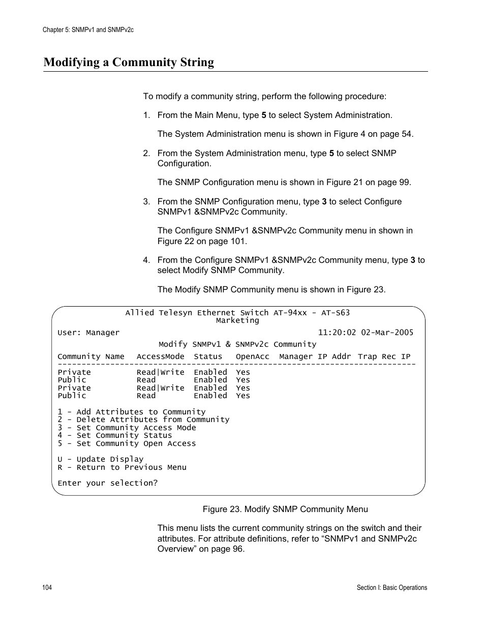 Modifying a community string, Figure 23: modify snmp community menu | Allied Telesis AT-S63 User Manual | Page 104 / 902