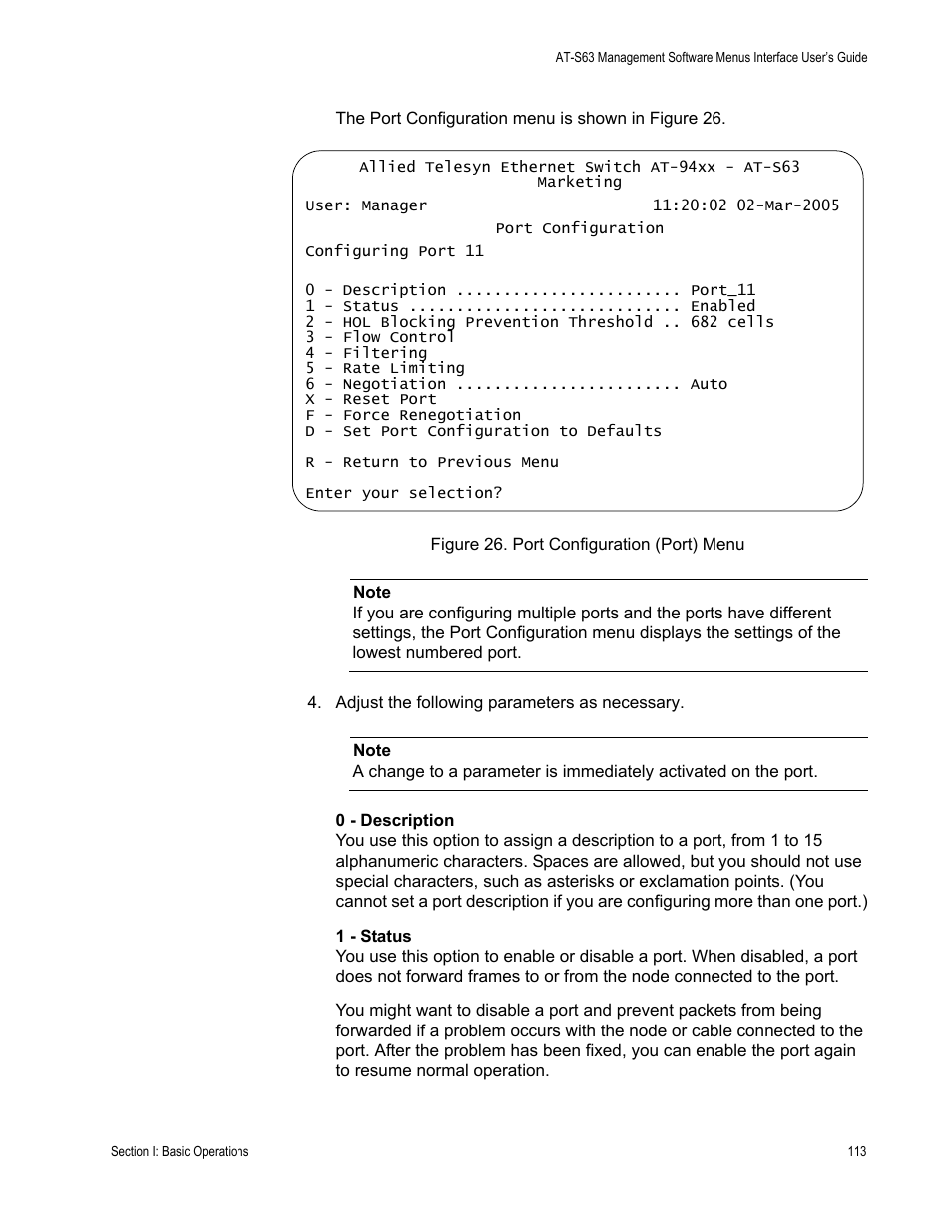 Figure 26: port configuration (port) menu | Allied Telesis AT-S63 User Manual | Page 113 / 902