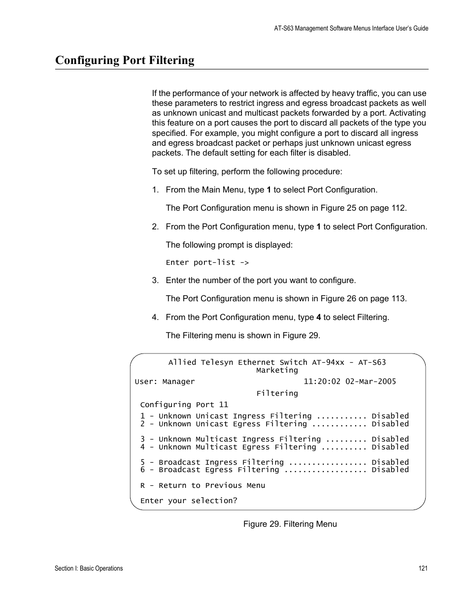 Configuring port filtering, Figure 29: filtering menu | Allied Telesis AT-S63 User Manual | Page 121 / 902