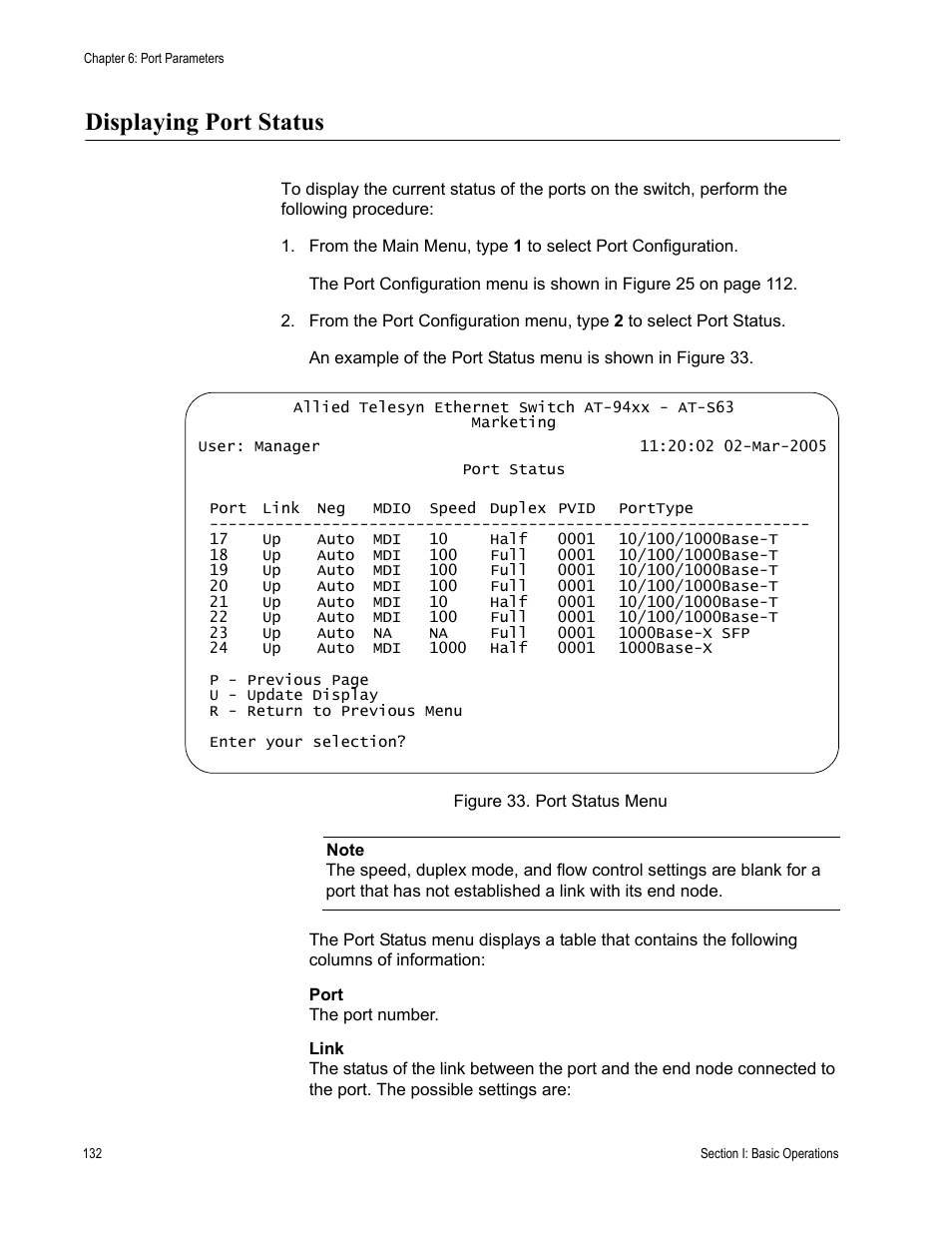 Displaying port status, Figure 33: port status menu | Allied Telesis AT-S63 User Manual | Page 132 / 902