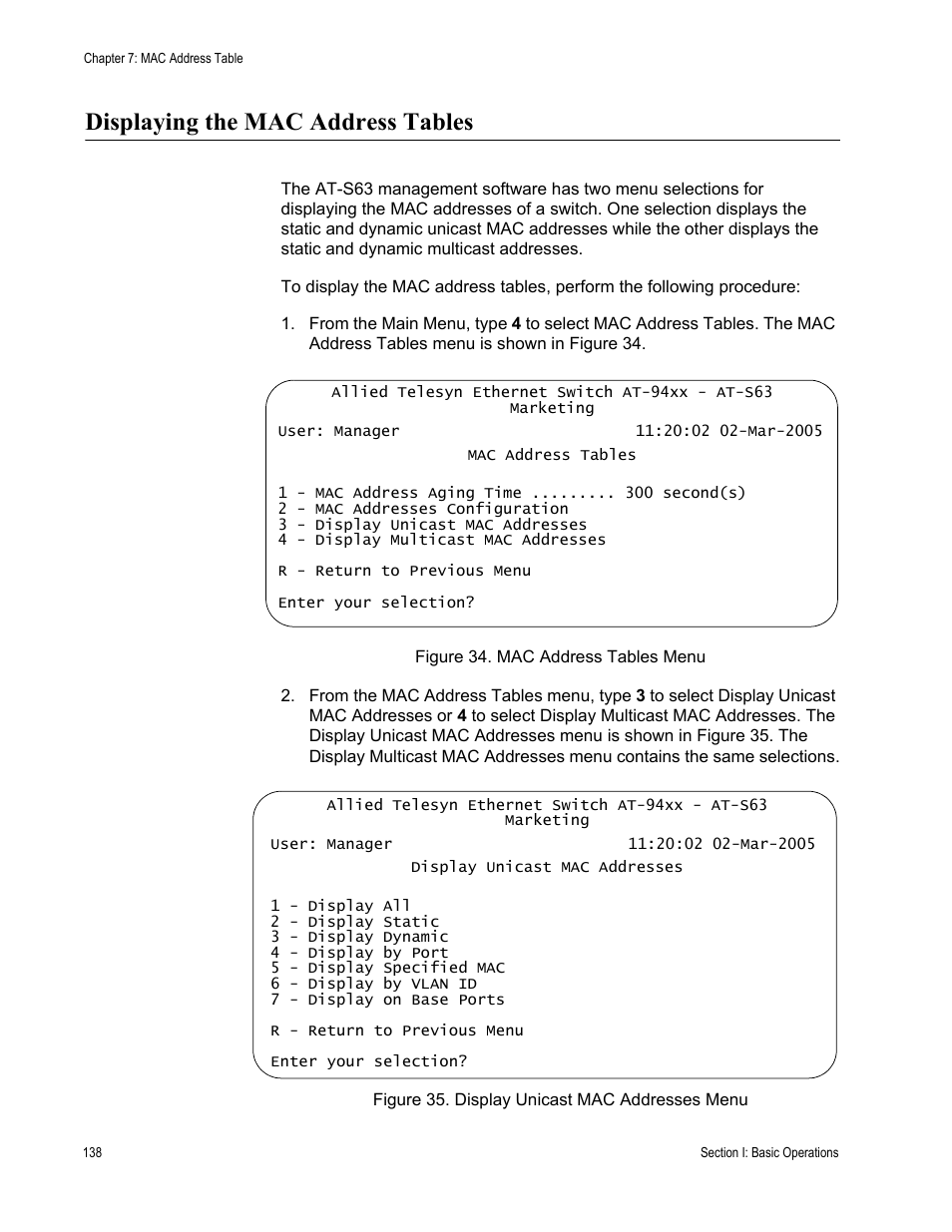 Displaying the mac address tables | Allied Telesis AT-S63 User Manual | Page 138 / 902