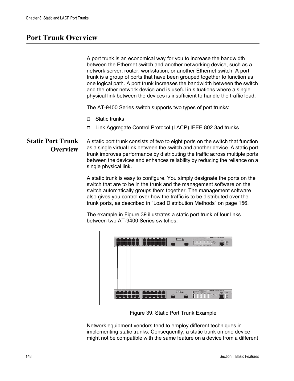 Port trunk overview, Static port trunk overview, Figure 39: static port trunk example | Static trunks | Allied Telesis AT-S63 User Manual | Page 148 / 902