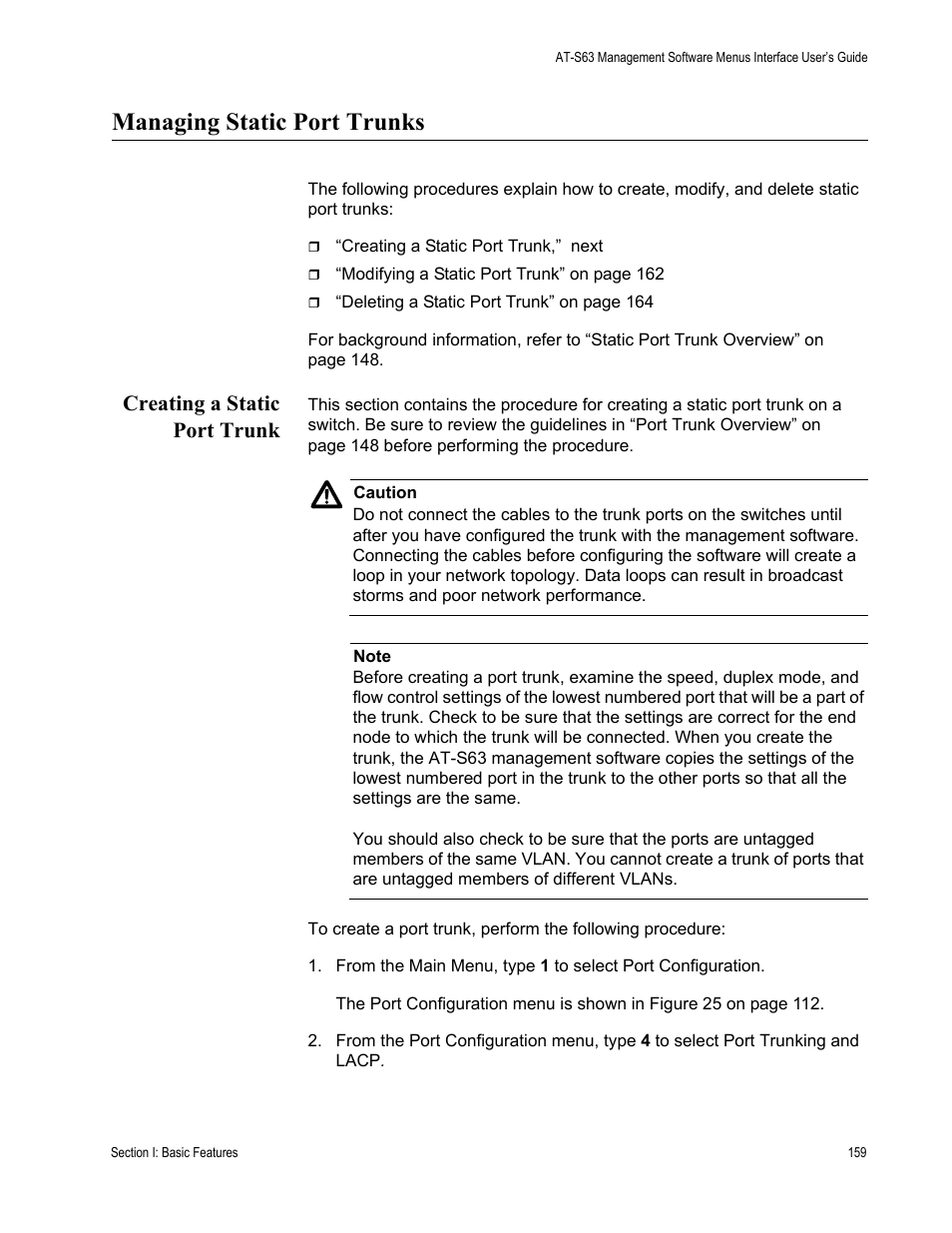 Managing static port trunks, Creating a static port trunk | Allied Telesis AT-S63 User Manual | Page 159 / 902