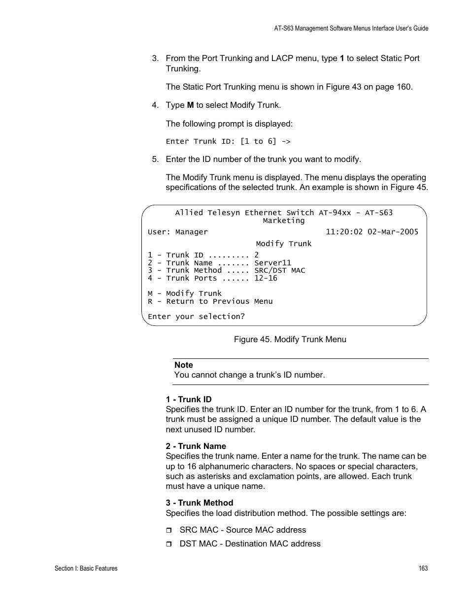 Figure 45: modify trunk menu | Allied Telesis AT-S63 User Manual | Page 163 / 902