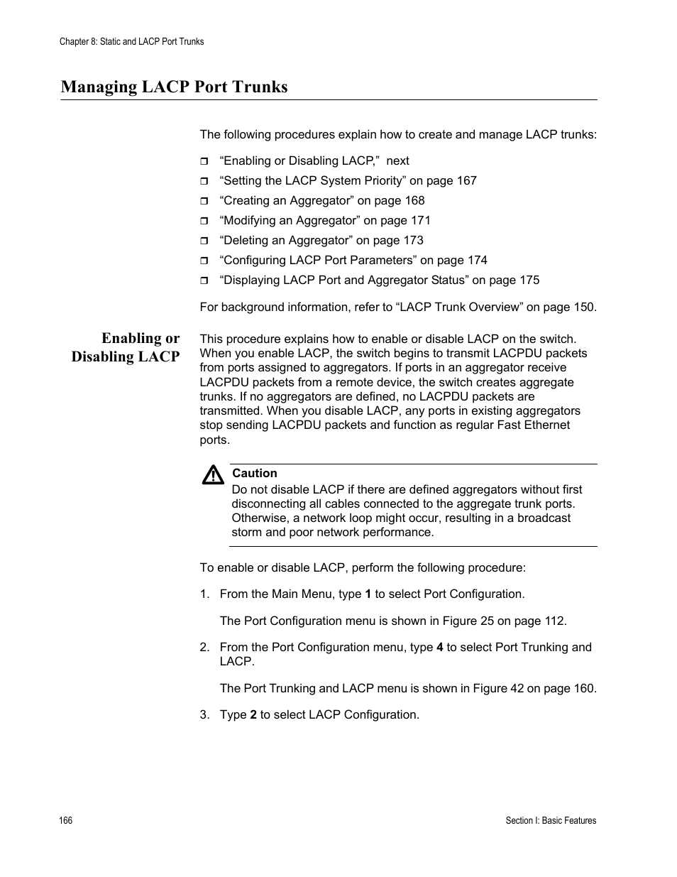 Managing lacp port trunks, Enabling or disabling lacp | Allied Telesis AT-S63 User Manual | Page 166 / 902