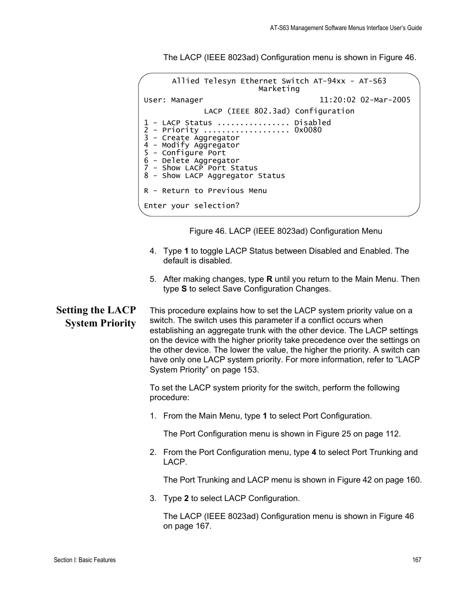 Setting the lacp system priority, Figure 46: lacp (ieee 8023ad) configuration menu | Allied Telesis AT-S63 User Manual | Page 167 / 902