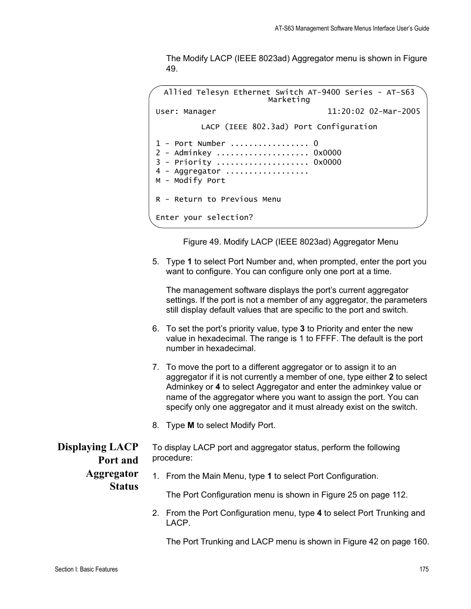 Displaying lacp port and aggregator status | Allied Telesis AT-S63 User Manual | Page 175 / 902