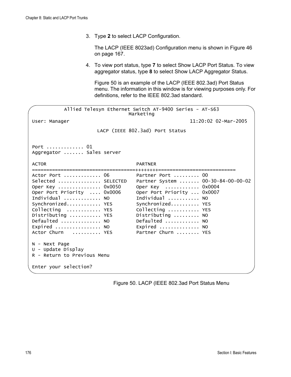 Figure 50: lacp (ieee 802.3ad port status menu | Allied Telesis AT-S63 User Manual | Page 176 / 902