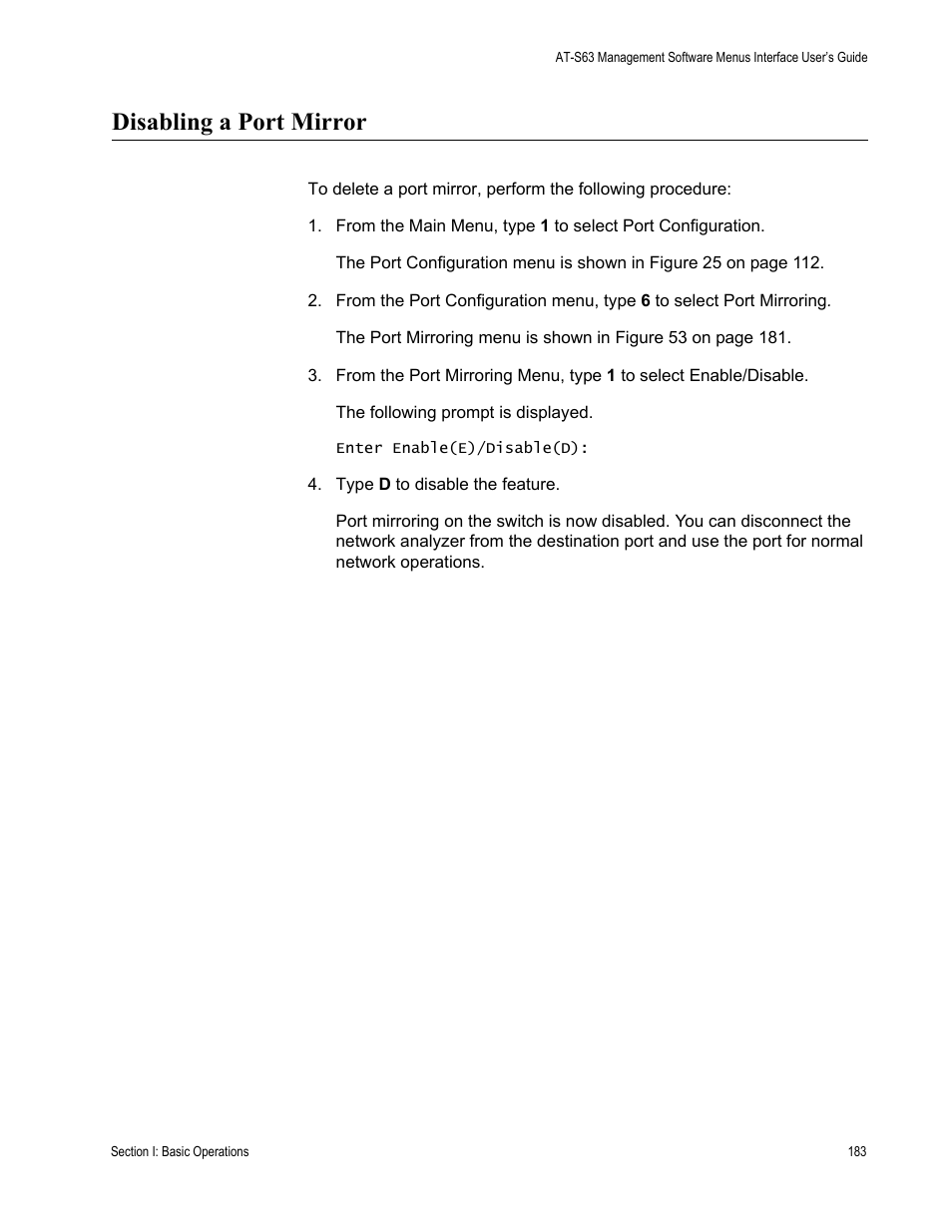 Disabling a port mirror | Allied Telesis AT-S63 User Manual | Page 183 / 902