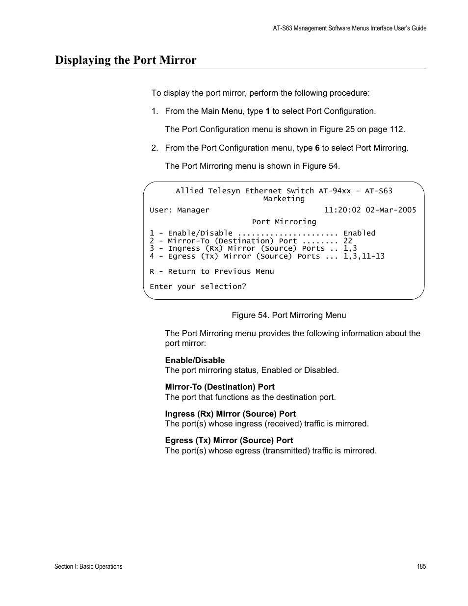 Displaying the port mirror, Figure 54: port mirroring menu | Allied Telesis AT-S63 User Manual | Page 185 / 902