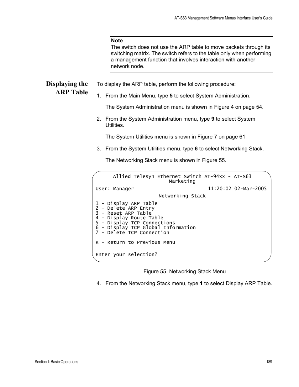 Displaying the arp table, Figure 55: networking stack menu | Allied Telesis AT-S63 User Manual | Page 189 / 902