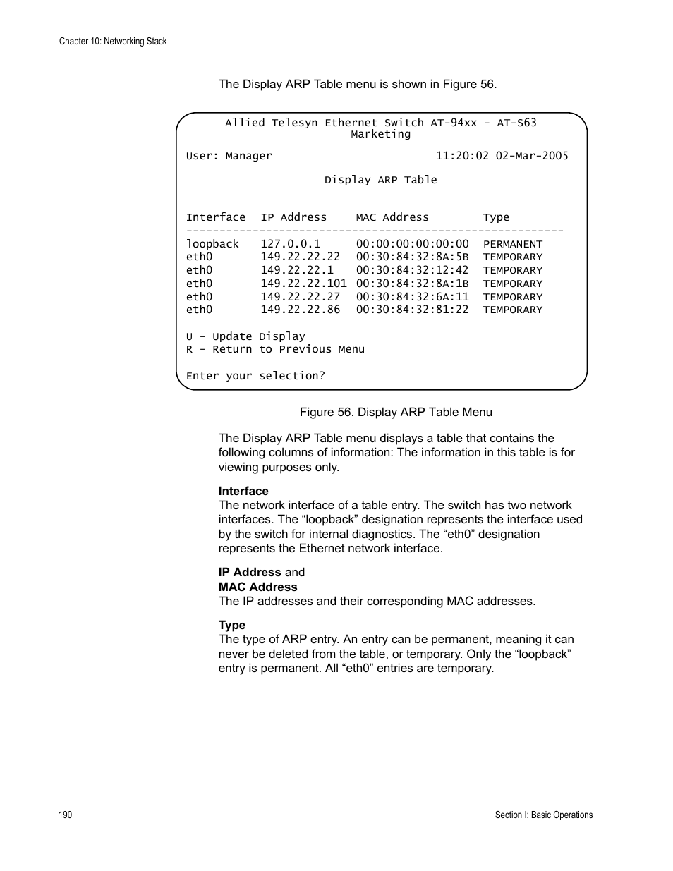 Figure 56: display arp table menu | Allied Telesis AT-S63 User Manual | Page 190 / 902