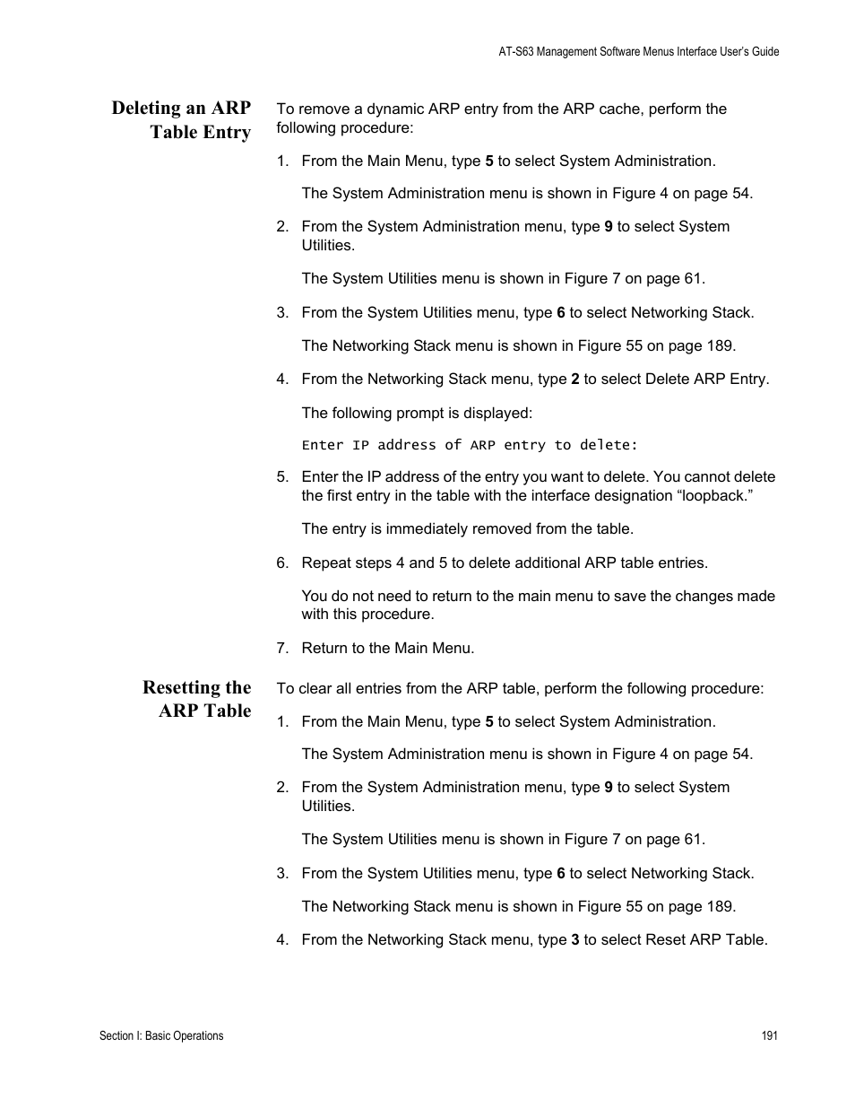 Deleting an arp table entry, Resetting the arp table | Allied Telesis AT-S63 User Manual | Page 191 / 902