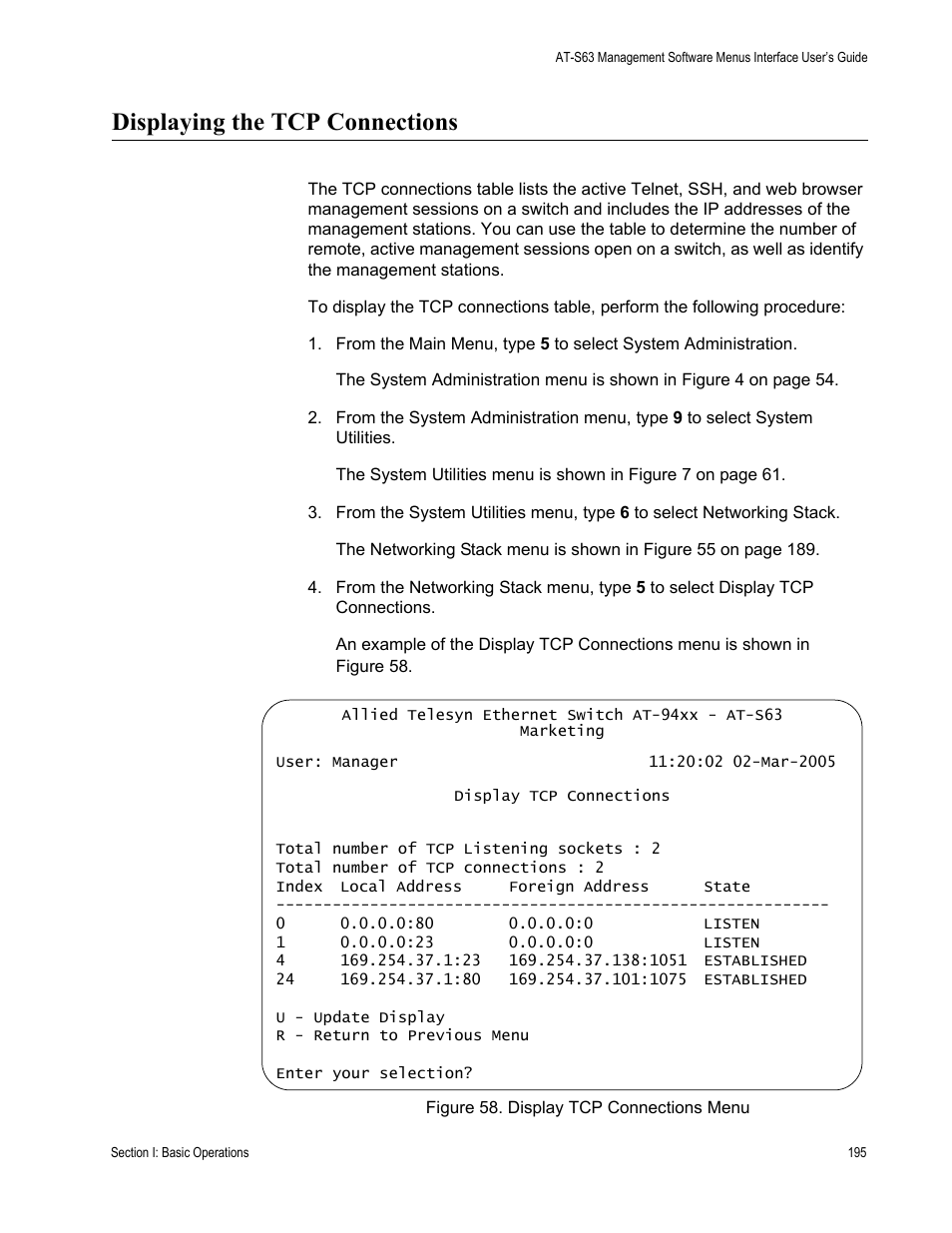 Displaying the tcp connections, Figure 58: display tcp connections menu | Allied Telesis AT-S63 User Manual | Page 195 / 902