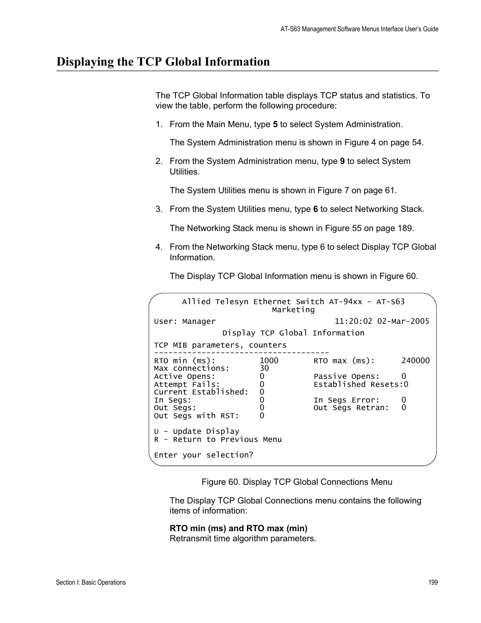 Displaying the tcp global information, Figure 60: display tcp global connections menu | Allied Telesis AT-S63 User Manual | Page 199 / 902