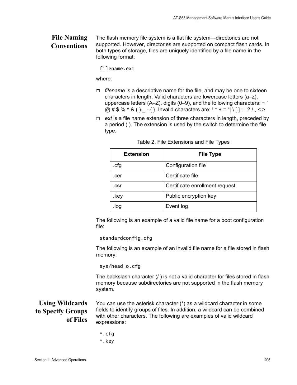 File naming conventions, Using wildcards to specify groups of files, Table 2: file extensions and file types | Allied Telesis AT-S63 User Manual | Page 205 / 902