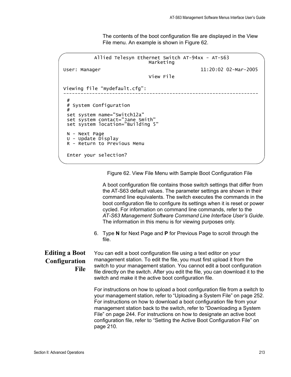 Editing a boot configuration file | Allied Telesis AT-S63 User Manual | Page 213 / 902