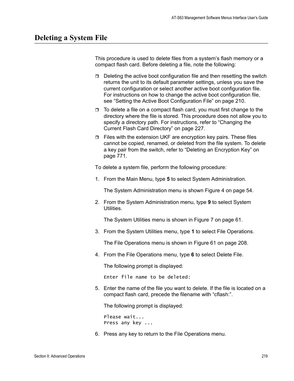 Deleting a system file | Allied Telesis AT-S63 User Manual | Page 219 / 902