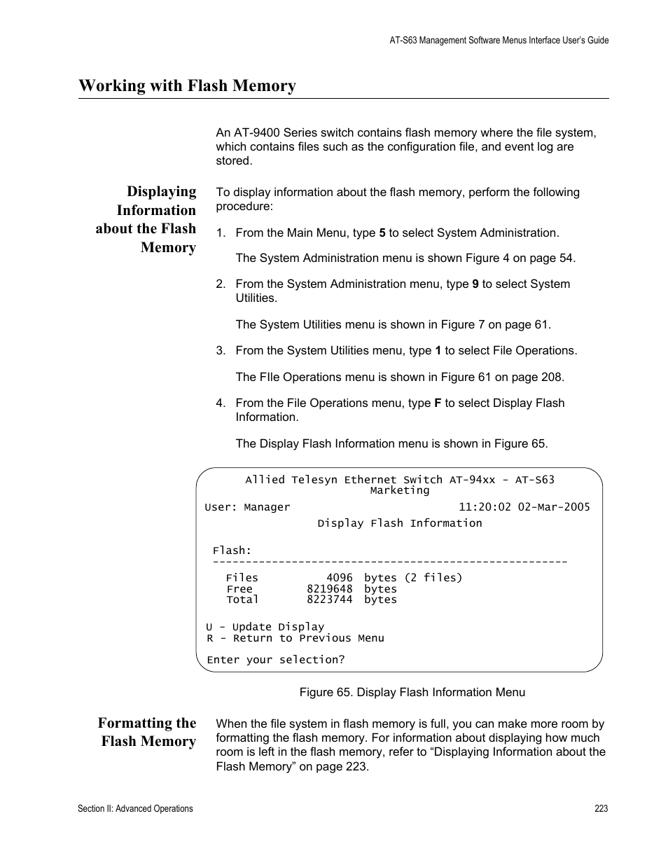 Working with flash memory, Displaying information about the flash memory, Formatting the flash memory | Figure 65: display flash information menu | Allied Telesis AT-S63 User Manual | Page 223 / 902