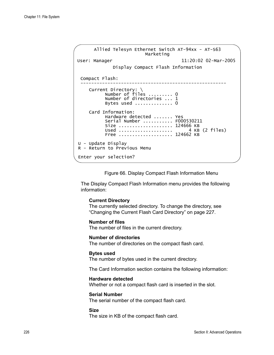 Figure 66: display compact flash information menu, Figure 66 | Allied Telesis AT-S63 User Manual | Page 226 / 902