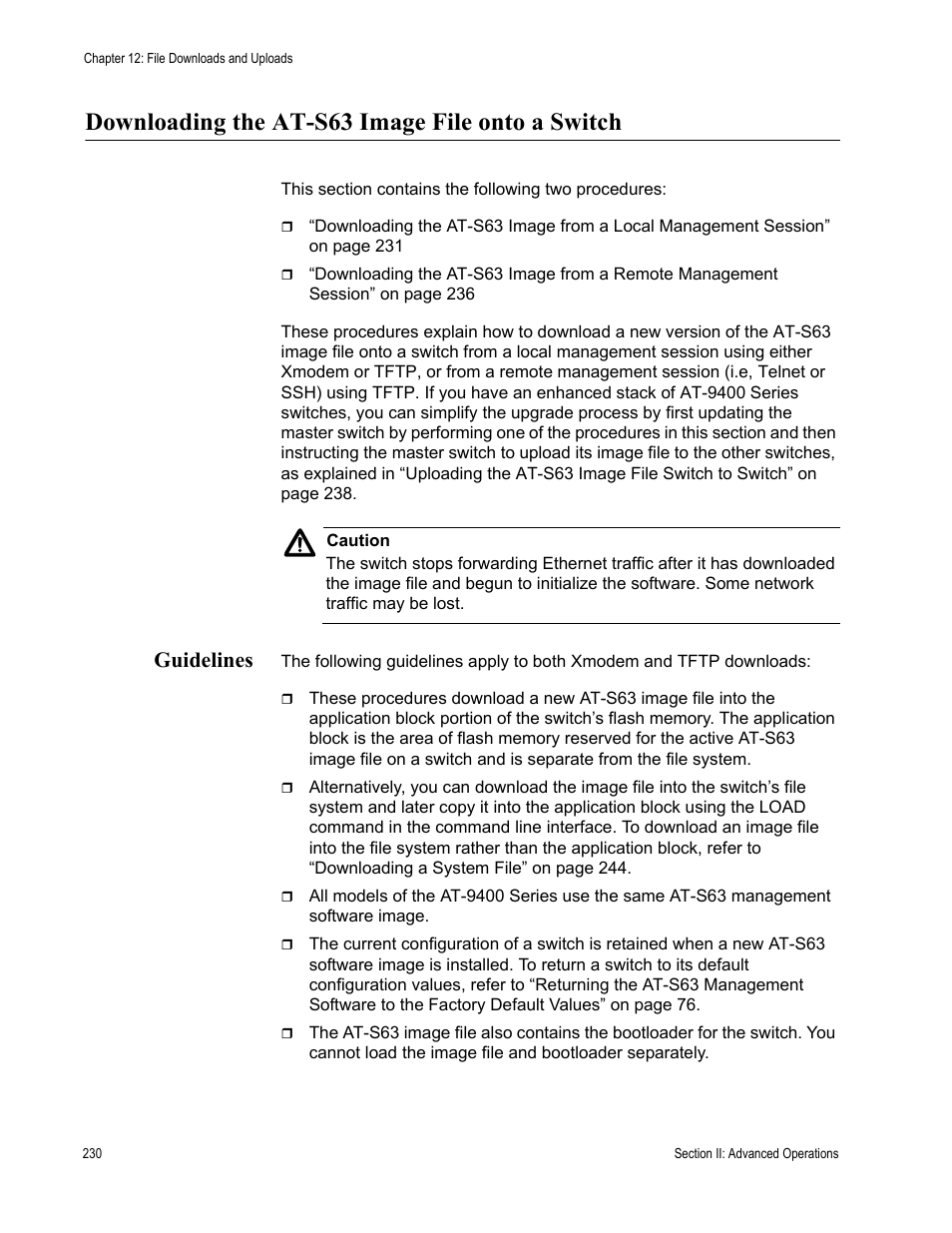 Downloading the at-s63 image file onto a switch, Guidelines | Allied Telesis AT-S63 User Manual | Page 230 / 902