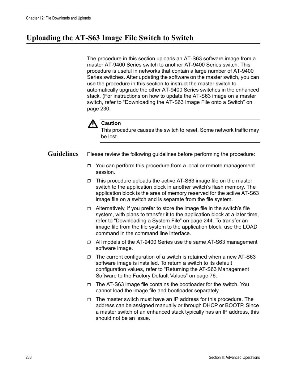 Uploading the at-s63 image file switch to switch, Guidelines | Allied Telesis AT-S63 User Manual | Page 238 / 902