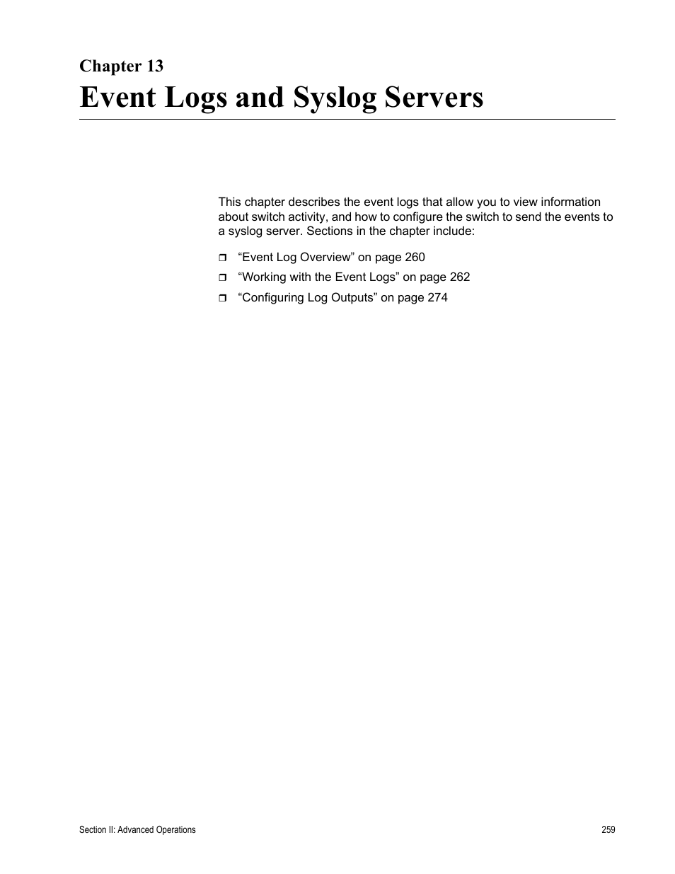 Chapter 13, Event logs and syslog servers, Chapter 13: event logs and syslog servers | Allied Telesis AT-S63 User Manual | Page 259 / 902