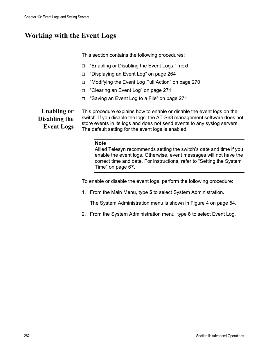 Working with the event logs, Enabling or disabling the event logs | Allied Telesis AT-S63 User Manual | Page 262 / 902