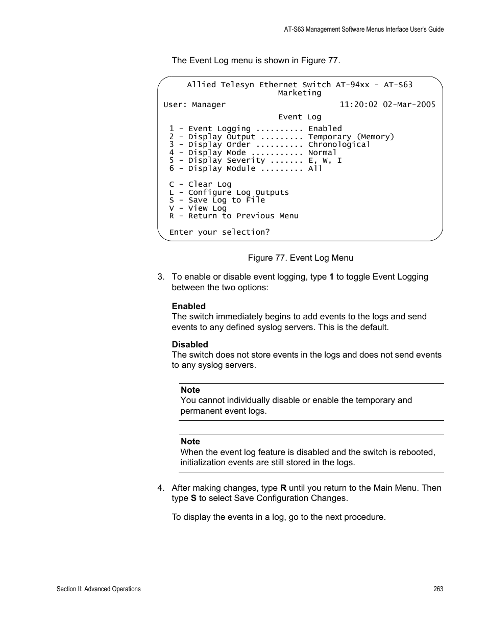 Figure 77: event log menu | Allied Telesis AT-S63 User Manual | Page 263 / 902