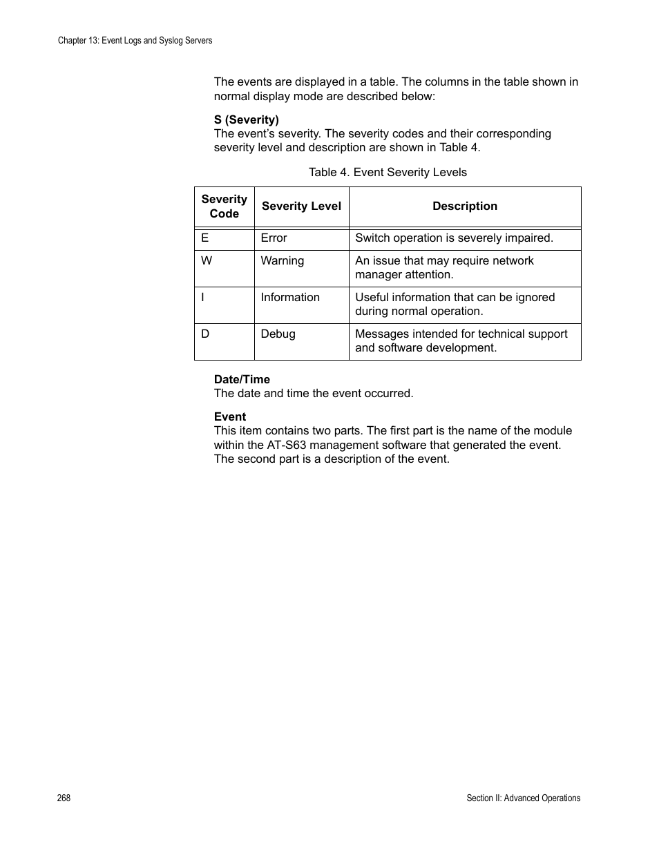 Table 4: event severity levels | Allied Telesis AT-S63 User Manual | Page 268 / 902