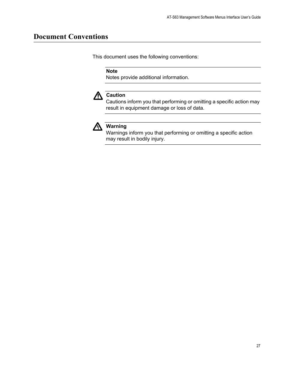 Document conventions | Allied Telesis AT-S63 User Manual | Page 27 / 902