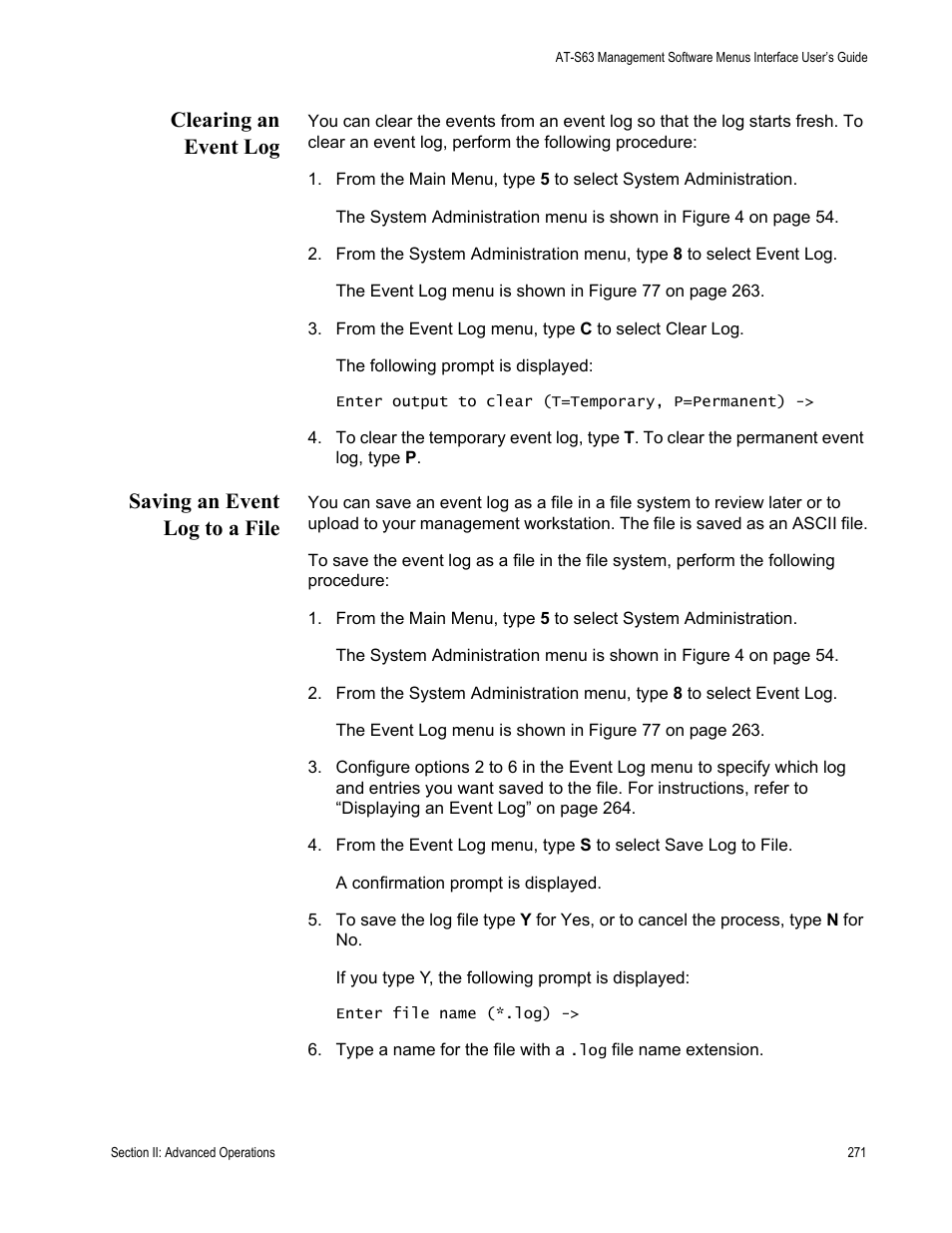 Clearing an event log, Saving an event log to a file | Allied Telesis AT-S63 User Manual | Page 271 / 902