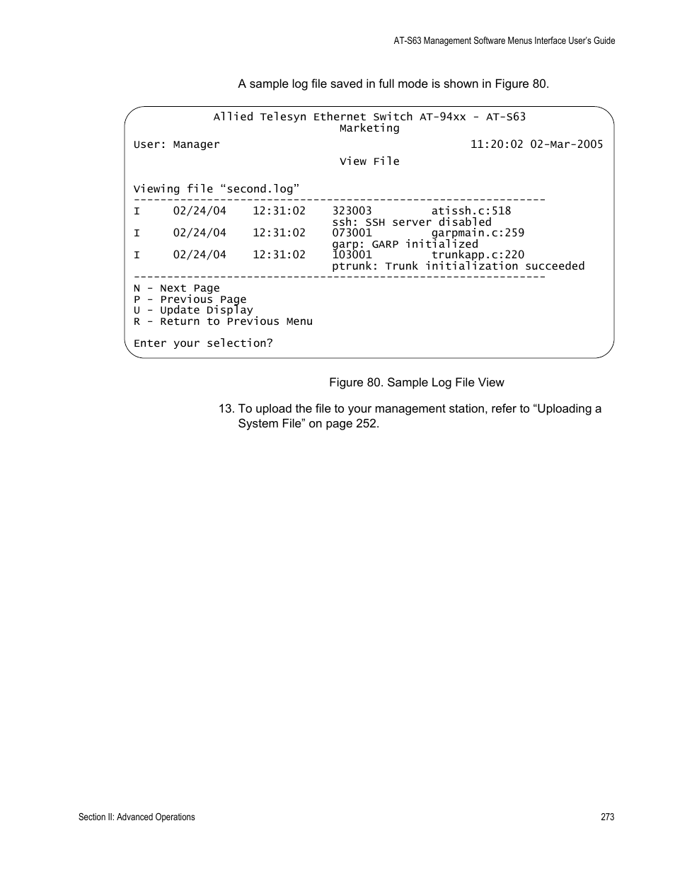 Figure 80: sample log file view | Allied Telesis AT-S63 User Manual | Page 273 / 902