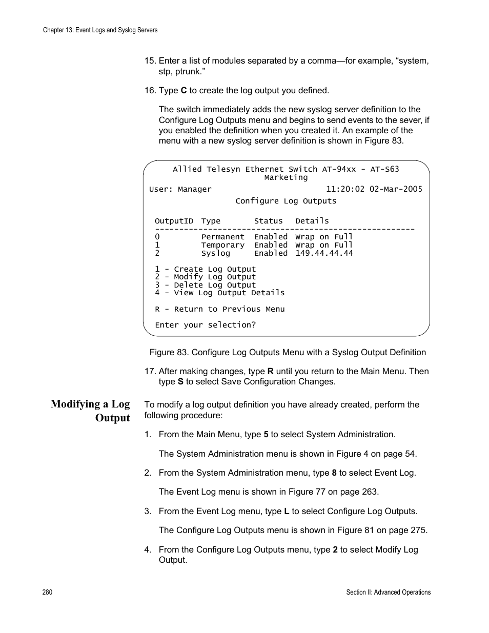 Modifying a log output | Allied Telesis AT-S63 User Manual | Page 280 / 902