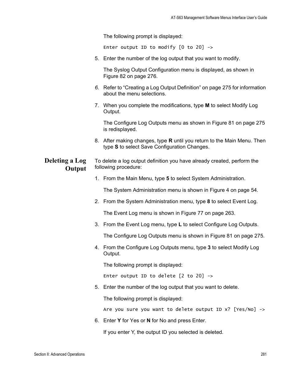 Deleting a log output | Allied Telesis AT-S63 User Manual | Page 281 / 902