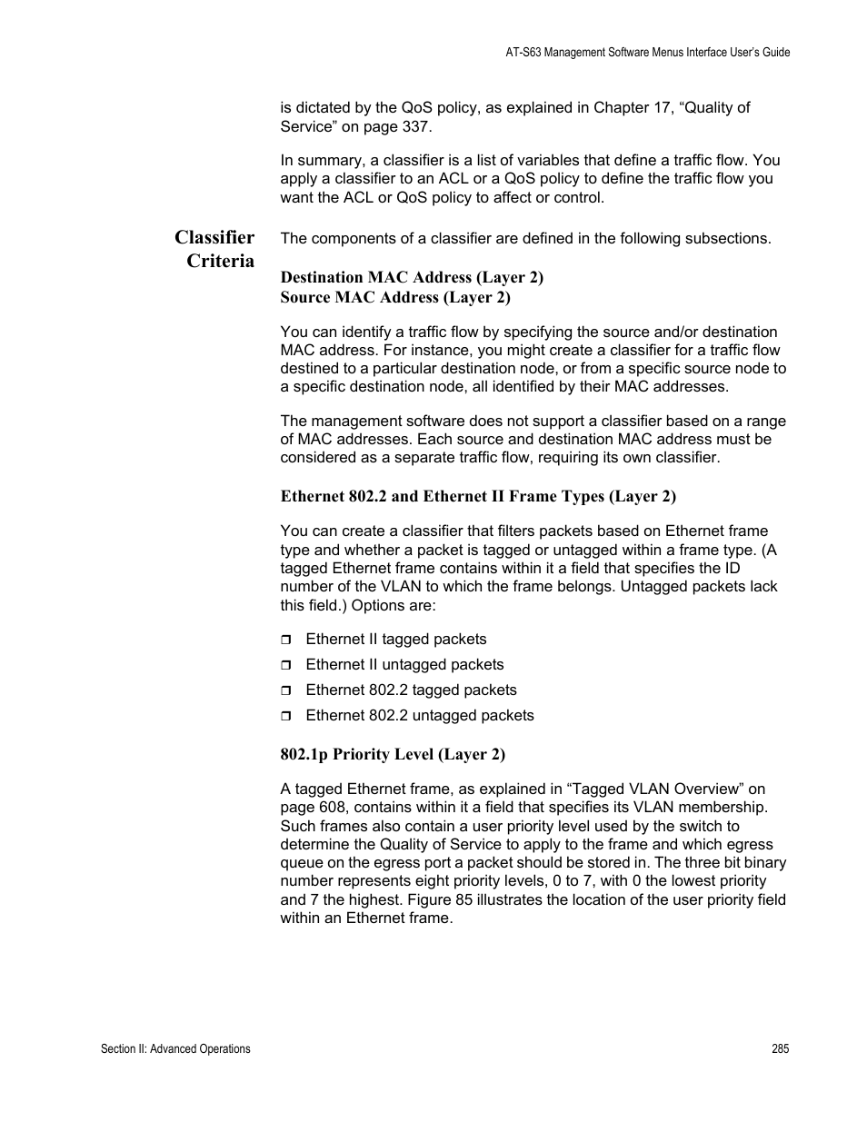 Classifier criteria | Allied Telesis AT-S63 User Manual | Page 285 / 902