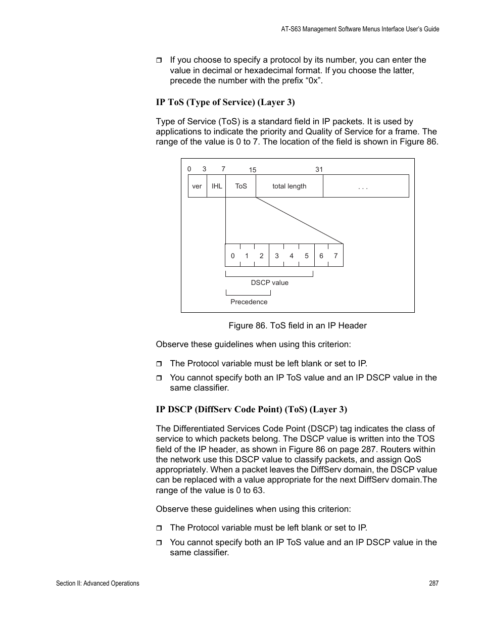 Figure 86: tos field in an ip header, Ip tos (type of service) (layer 3), Ip dscp (diffserv code point) (tos) (layer 3) | Allied Telesis AT-S63 User Manual | Page 287 / 902