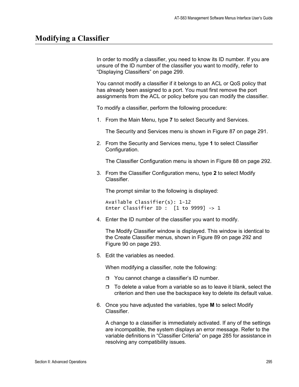 Modifying a classifier | Allied Telesis AT-S63 User Manual | Page 295 / 902