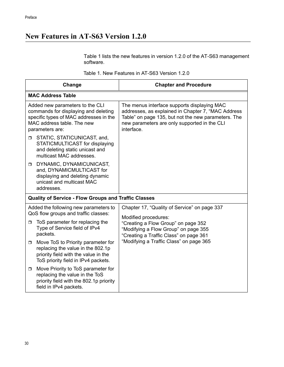 New features in at-s63 version 1.2.0, Table 1: new features in at-s63 version 1.2.0 | Allied Telesis AT-S63 User Manual | Page 30 / 902