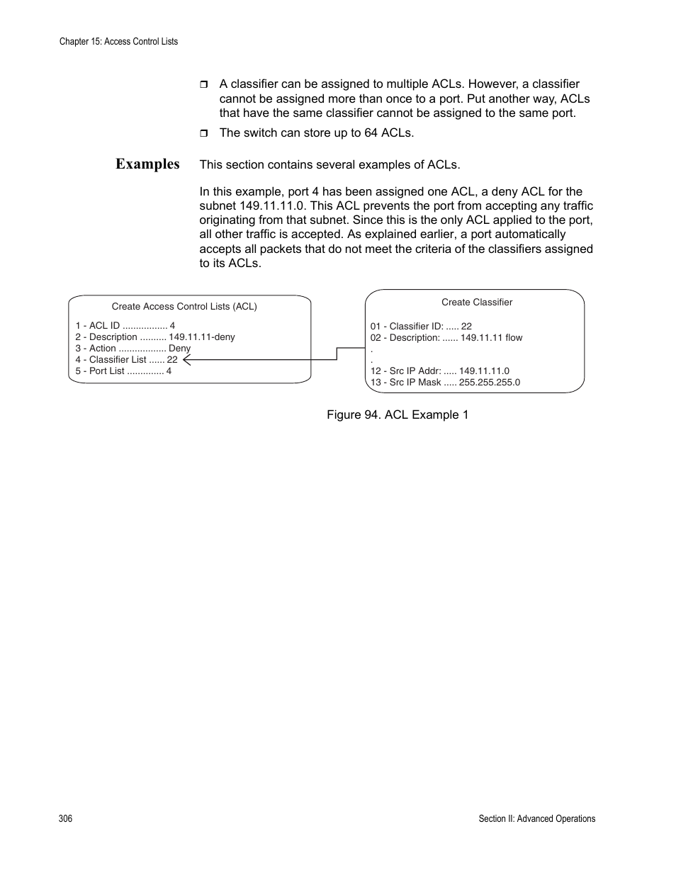 Examples, Figure 94: acl example 1 | Allied Telesis AT-S63 User Manual | Page 306 / 902