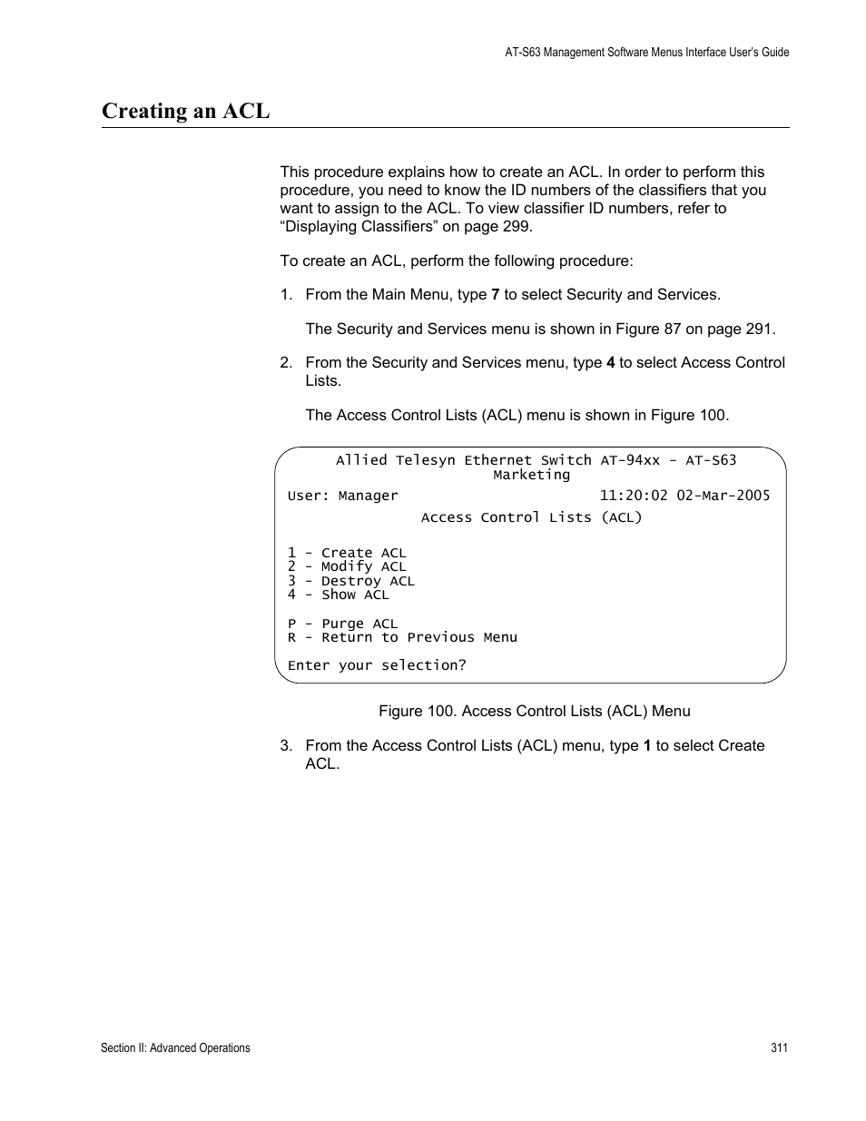 Creating an acl, Figure 100: access control lists (acl) menu, To “creating an acl” on | Allied Telesis AT-S63 User Manual | Page 311 / 902