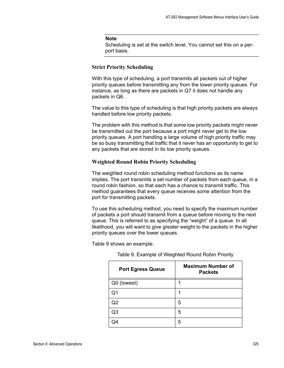 Table 9: example of weighted round robin priority | Allied Telesis AT-S63 User Manual | Page 325 / 902