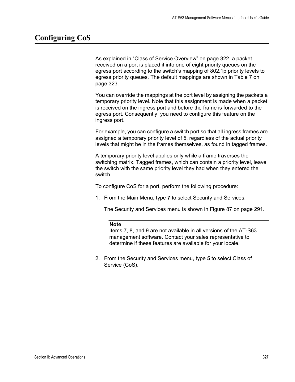 Configuring cos | Allied Telesis AT-S63 User Manual | Page 327 / 902