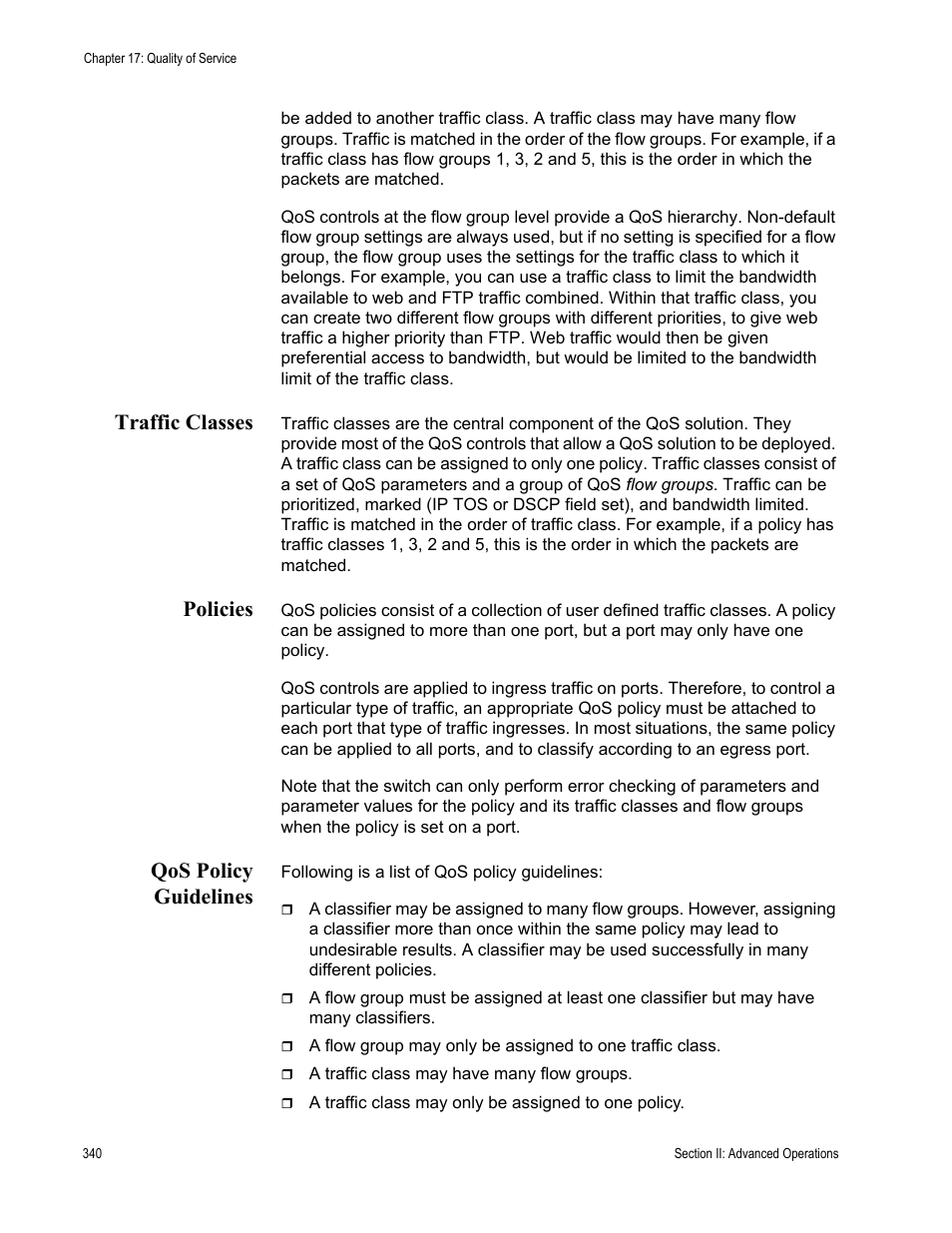 Traffic classes, Policies, Qos policy guidelines | Traffic classes policies qos policy guidelines | Allied Telesis AT-S63 User Manual | Page 340 / 902