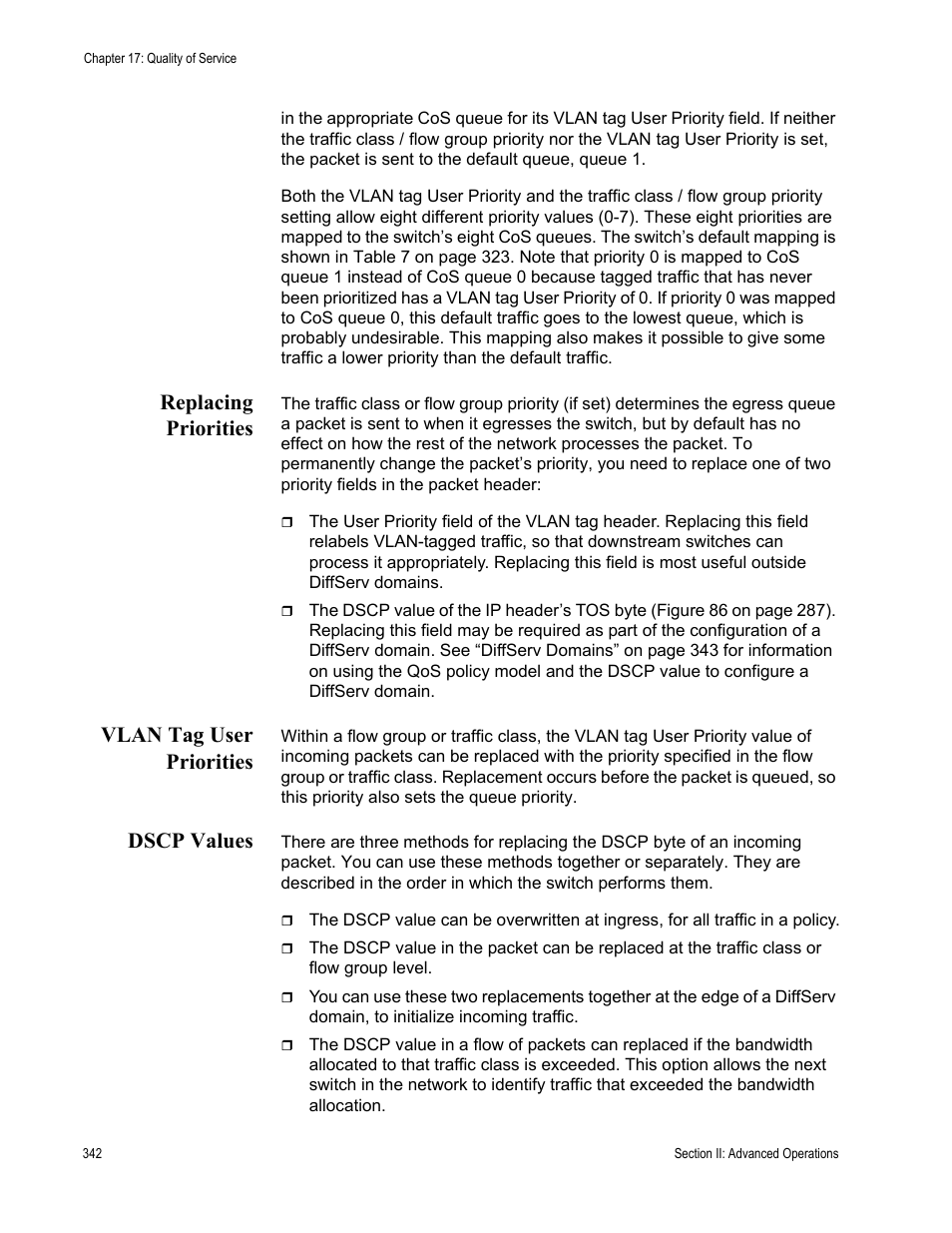 Replacing priorities, Vlan tag user priorities, Dscp values | Allied Telesis AT-S63 User Manual | Page 342 / 902