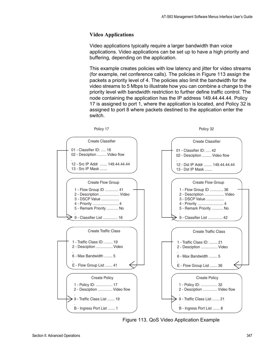 Figure 113: qos video application example, Video applications | Allied Telesis AT-S63 User Manual | Page 347 / 902